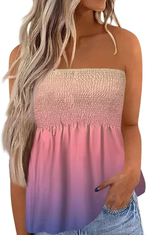 Womens Smocked Strapless Bandeau Tank Tops Floral Tube Tops Backless Bandeau Tunic Tops Sleeveless Shirts