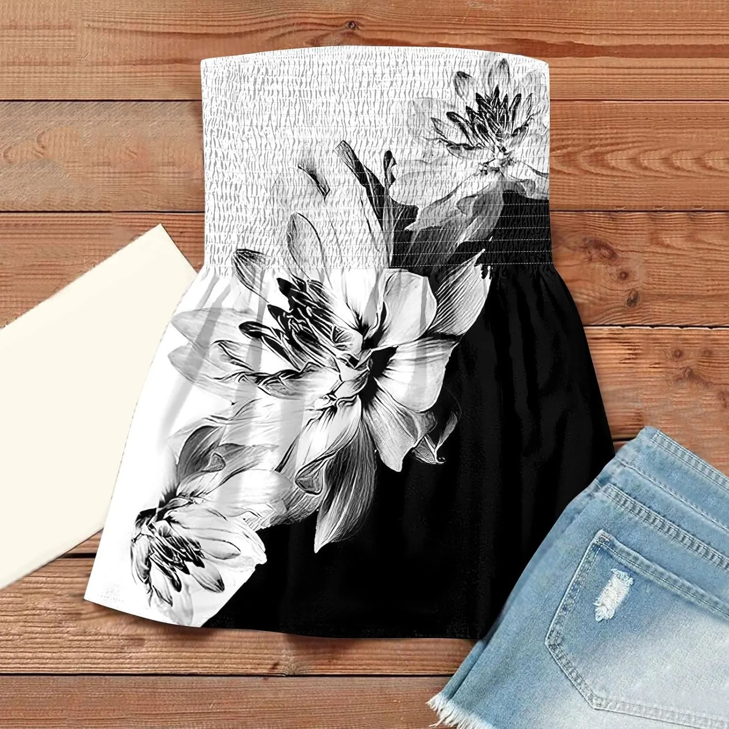 Womens Smocked Strapless Bandeau Tank Tops Floral Tube Tops Backless Bandeau Tunic Tops Sleeveless Shirts