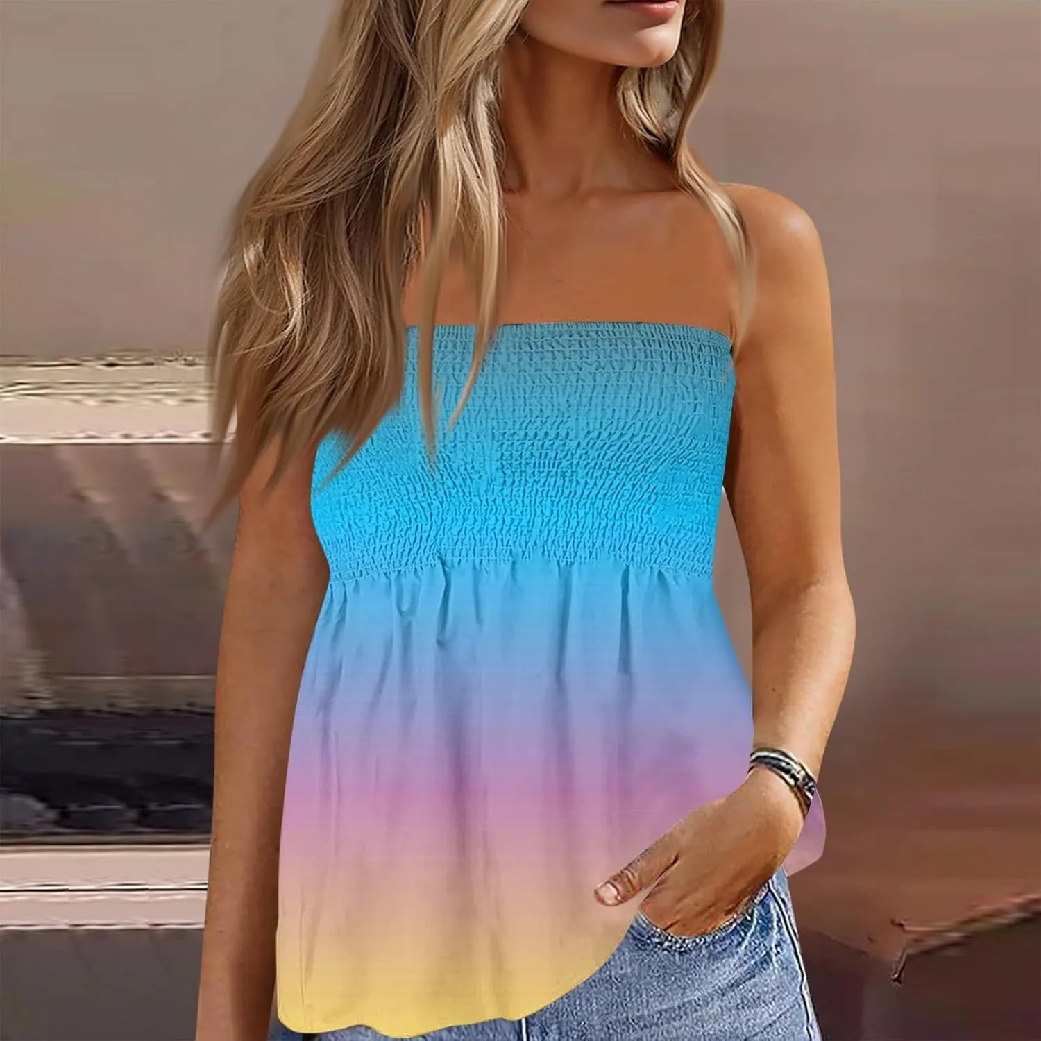Womens Smocked Strapless Bandeau Tank Tops Floral Tube Tops Backless Bandeau Tunic Tops Sleeveless Shirts