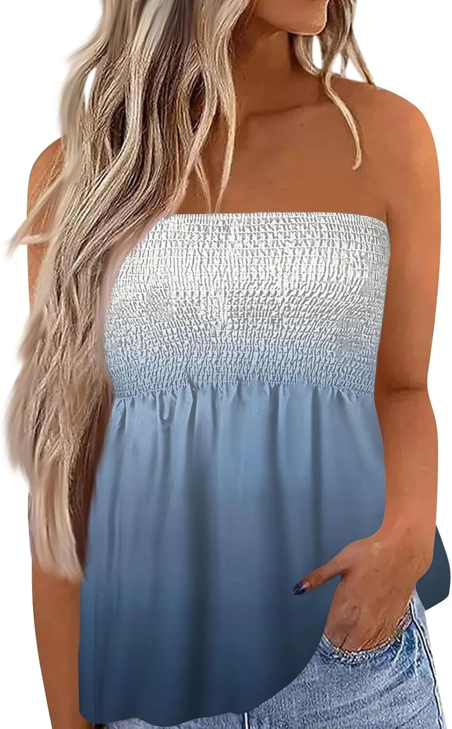 Womens Smocked Strapless Bandeau Tank Tops Floral Tube Tops Backless Bandeau Tunic Tops Sleeveless Shirts