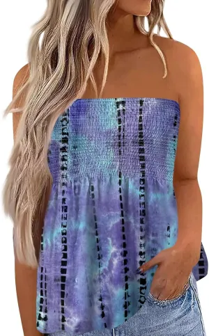 Womens Smocked Strapless Bandeau Tank Tops Floral Tube Tops Backless Bandeau Tunic Tops Sleeveless Shirts
