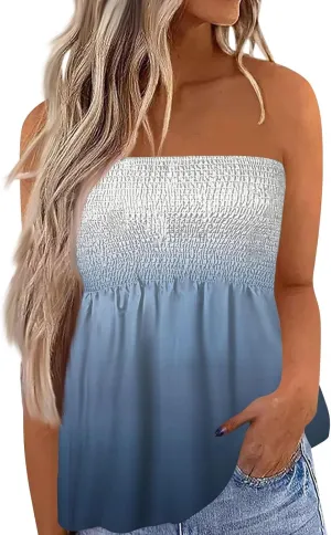 Womens Smocked Strapless Bandeau Tank Tops Floral Tube Tops Backless Bandeau Tunic Tops Sleeveless Shirts