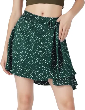 Womens Summer Silky Satin Chiffon Mini Skirt High Waist Adjustable Self Tie Wrap Flowy Ruffle Floral Beach Skirt