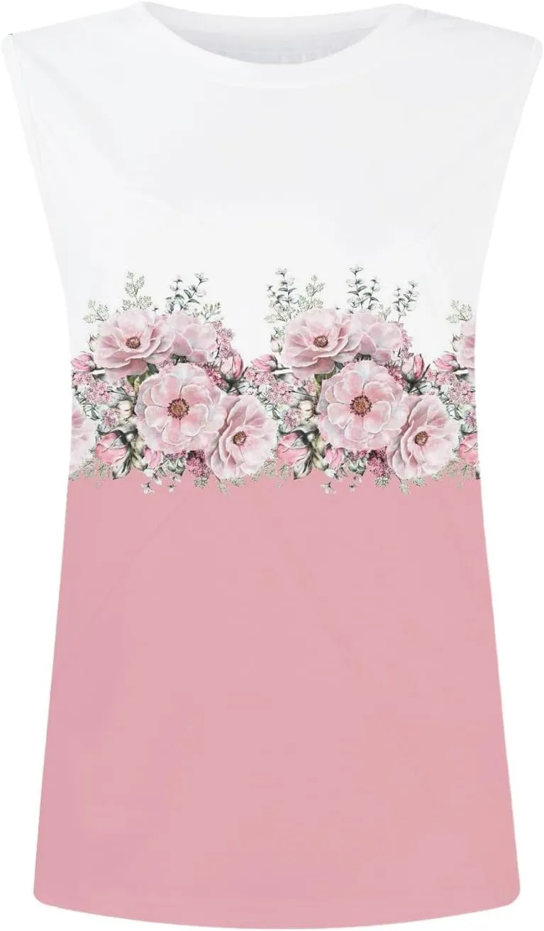 Women's Summer Tank Tops 2025 Fashion Pleated Crew Neck Floral Loose Fit Casual Sleeveless Flowy Boho Tunic Shirts