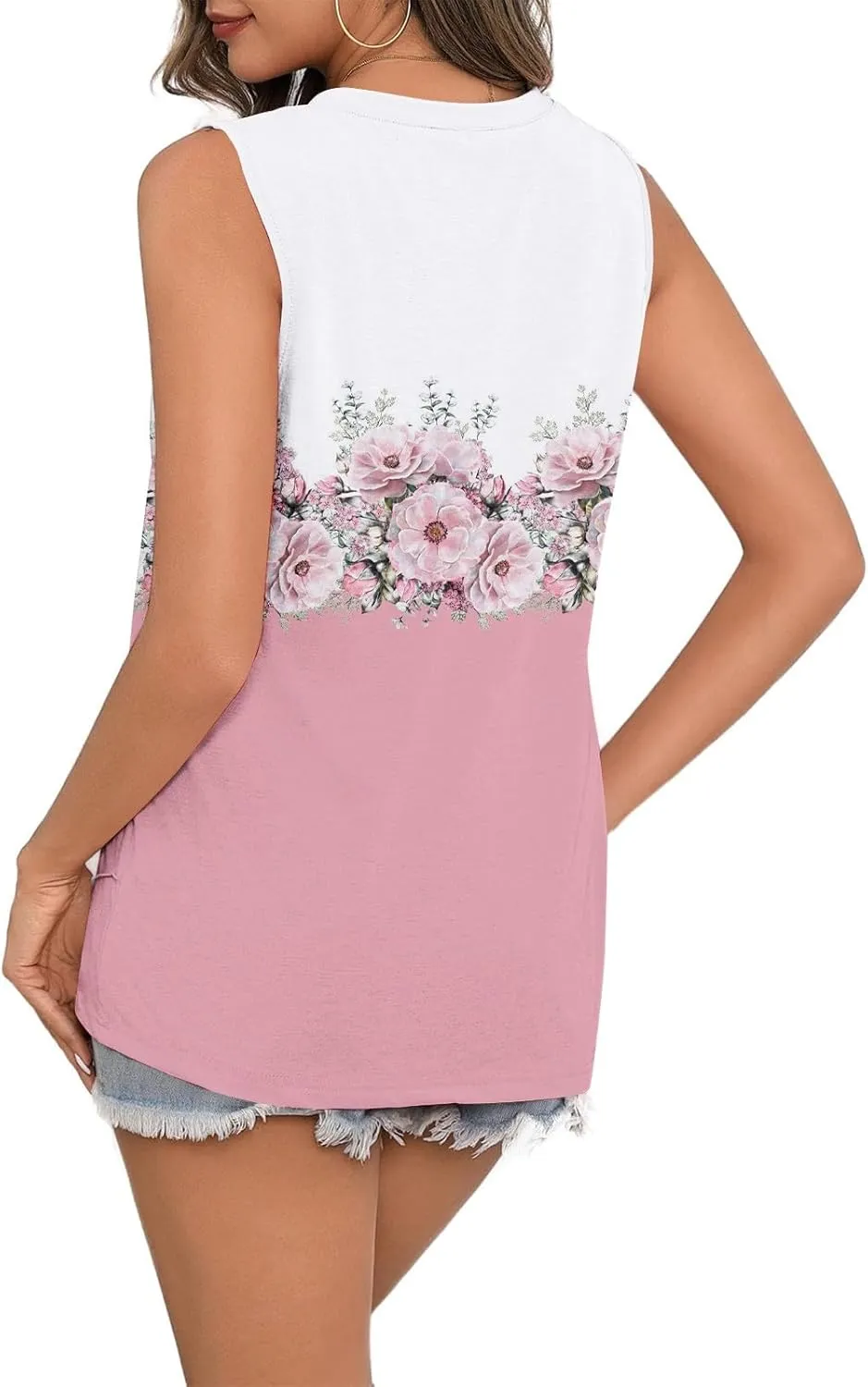 Women's Summer Tank Tops 2025 Fashion Pleated Crew Neck Floral Loose Fit Casual Sleeveless Flowy Boho Tunic Shirts