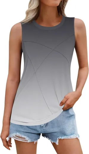 Women's Summer Tank Tops 2025 Fashion Pleated Crew Neck Floral Loose Fit Casual Sleeveless Flowy Boho Tunic Shirts