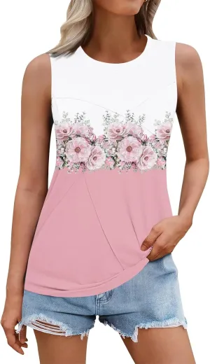 Women's Summer Tank Tops 2025 Fashion Pleated Crew Neck Floral Loose Fit Casual Sleeveless Flowy Boho Tunic Shirts