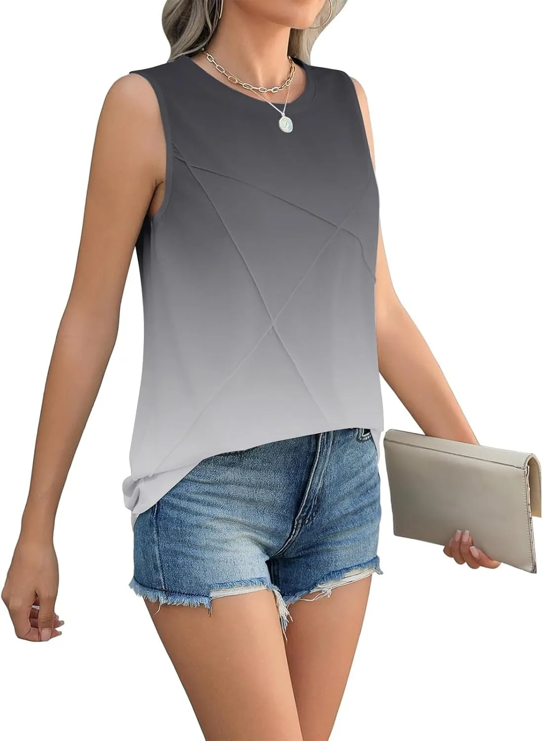 Women's Summer Tank Tops 2025 Fashion Pleated Crew Neck Floral Loose Fit Casual Sleeveless Flowy Boho Tunic Shirts