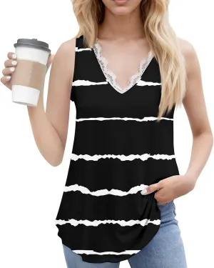 Womens Summer Tank Tops Loose Fit Lace V Neck Sleeveless Tops Shirts Dressy Casual Flowy Going Out Tank Tops