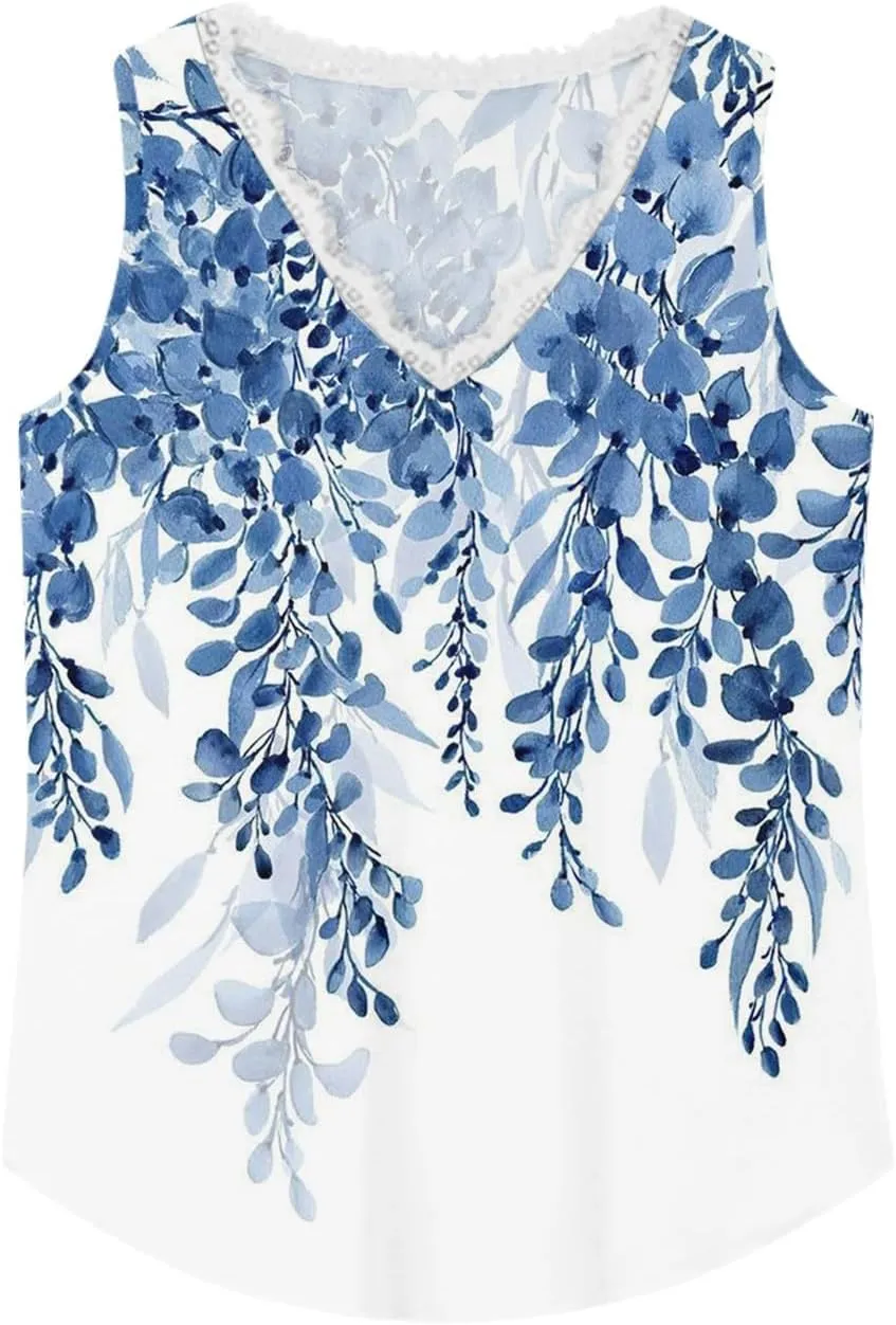 Womens Summer Tank Tops Loose Fit Lace V Neck Sleeveless Tops Shirts Dressy Casual Flowy Going Out Tank Tops