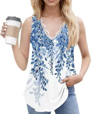 Womens Summer Tank Tops Loose Fit Lace V Neck Sleeveless Tops Shirts Dressy Casual Flowy Going Out Tank Tops
