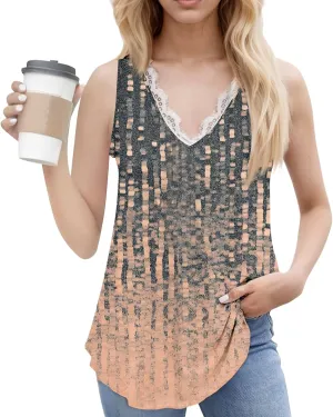 Womens Summer Tank Tops Loose Fit Lace V Neck Sleeveless Tops Shirts Dressy Casual Flowy Going Out Tank Tops