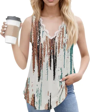 Womens Summer Tank Tops Loose Fit Lace V Neck Sleeveless Tops Shirts Dressy Casual Flowy Going Out Tank Tops