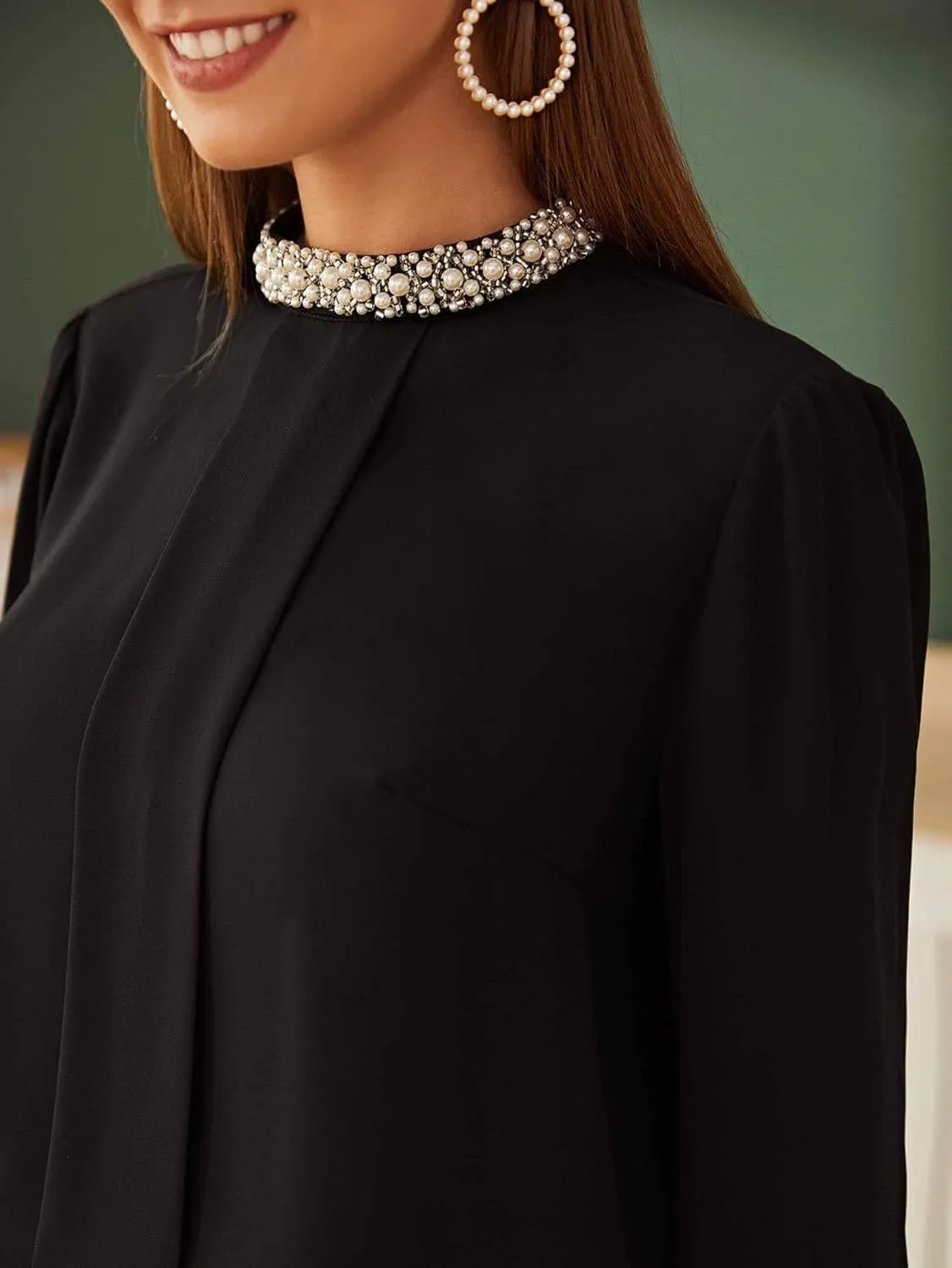 Womens Summer Work Blouse Mock Neck Pleated Front Blouse Long Sleeve Tops Tops