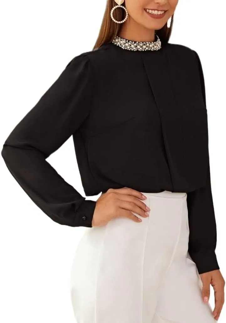 Womens Summer Work Blouse Mock Neck Pleated Front Blouse Long Sleeve Tops Tops