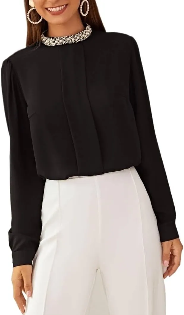 Womens Summer Work Blouse Mock Neck Pleated Front Blouse Long Sleeve Tops Tops