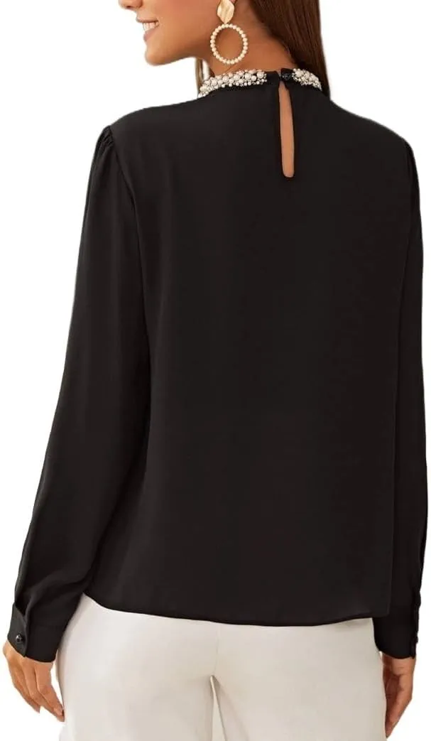 Womens Summer Work Blouse Mock Neck Pleated Front Blouse Long Sleeve Tops Tops