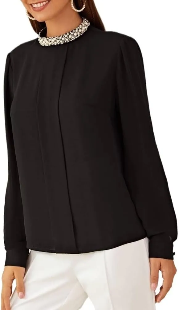 Womens Summer Work Blouse Mock Neck Pleated Front Blouse Long Sleeve Tops Tops