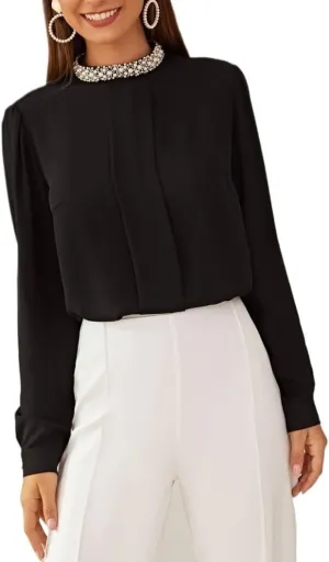 Womens Summer Work Blouse Mock Neck Pleated Front Blouse Long Sleeve Tops Tops