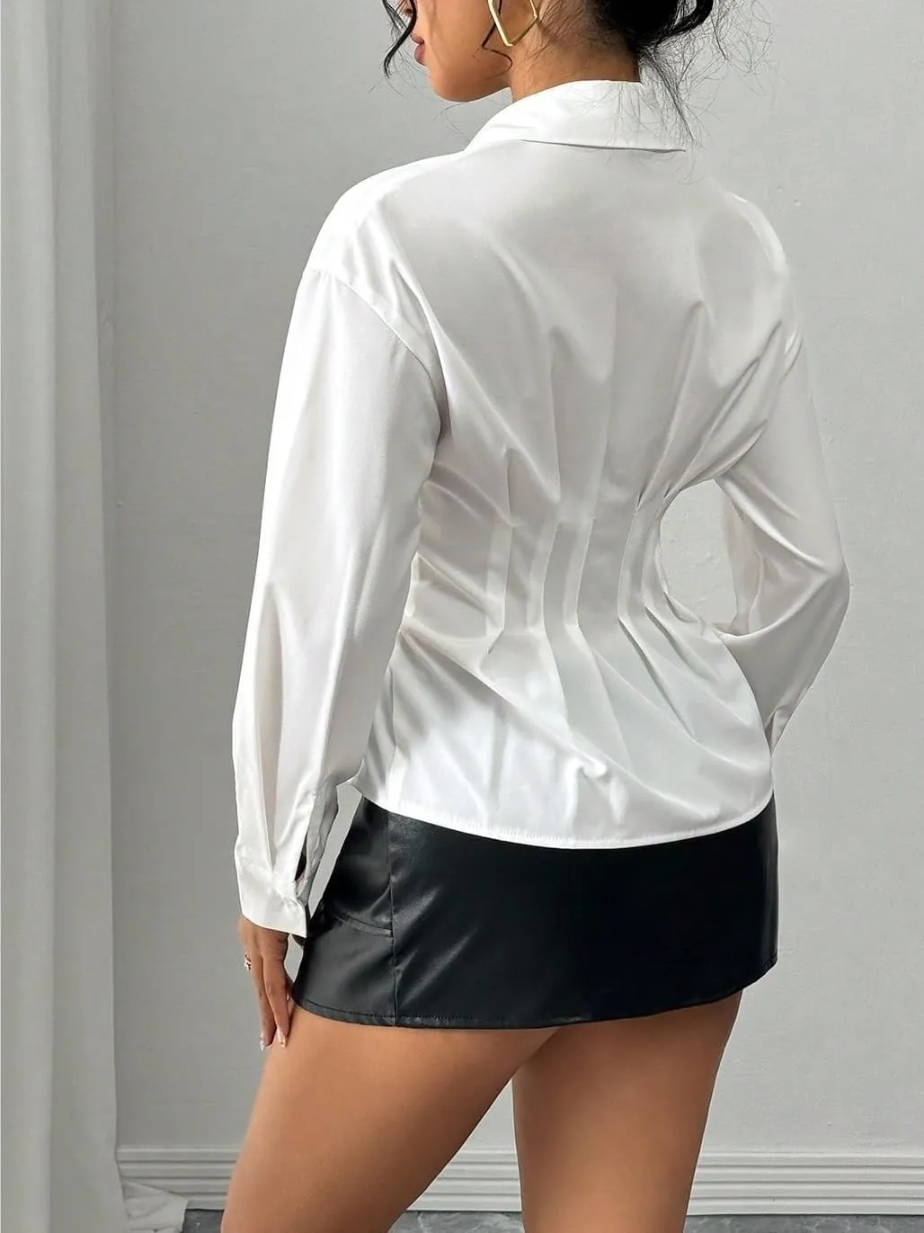 Womens Summer Work Blouse Waist Pleated Blouse Women Shirt Long Sleeve Tops Tops