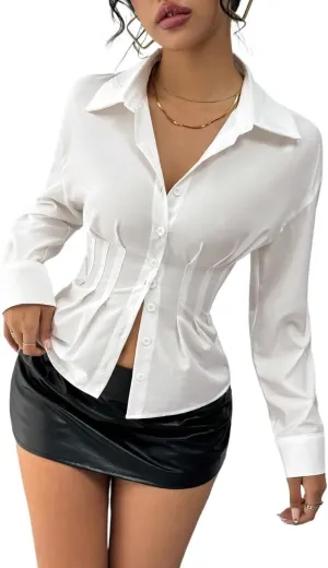 Womens Summer Work Blouse Waist Pleated Blouse Women Shirt Long Sleeve Tops Tops