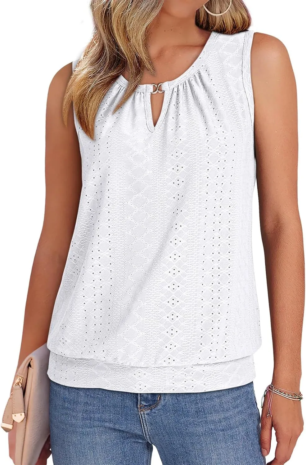 Womens Tank Tops Keyhole V Neck Tank Tops Summer Tops for Women 2025 Eyelet Embroidered Loose Fit