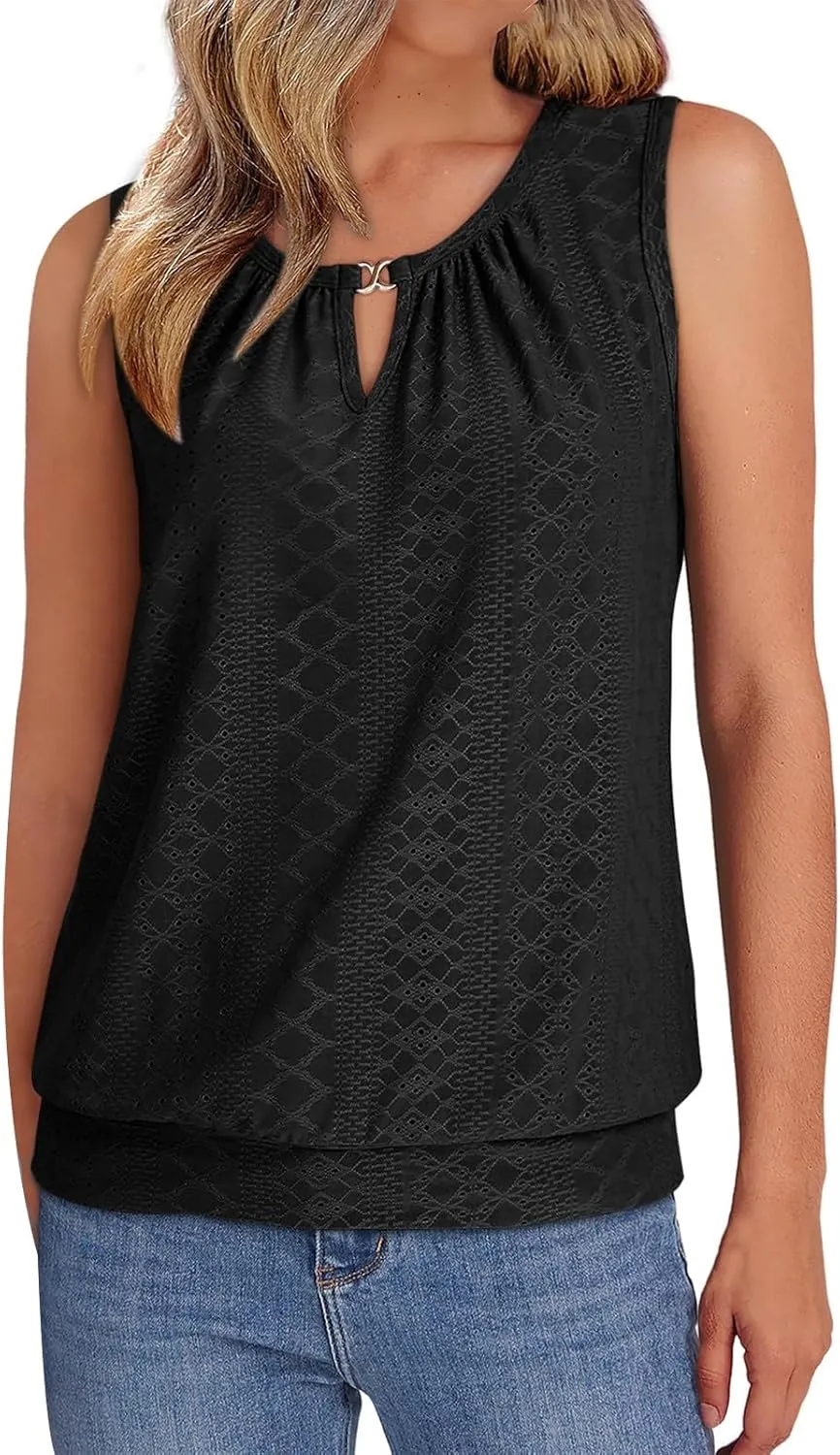 Womens Tank Tops Keyhole V Neck Tank Tops Summer Tops for Women 2025 Eyelet Embroidered Loose Fit