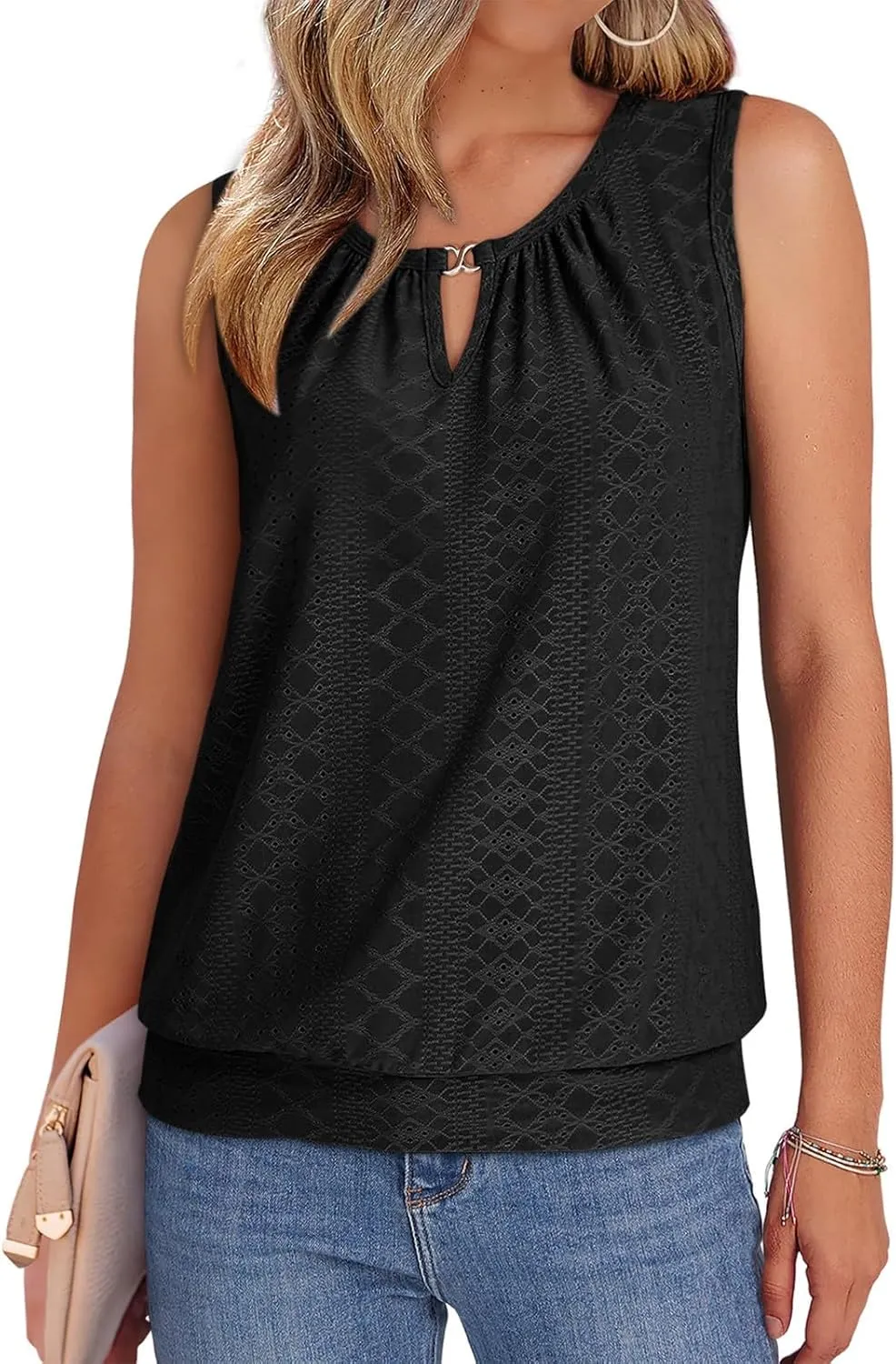 Womens Tank Tops Keyhole V Neck Tank Tops Summer Tops for Women 2025 Eyelet Embroidered Loose Fit
