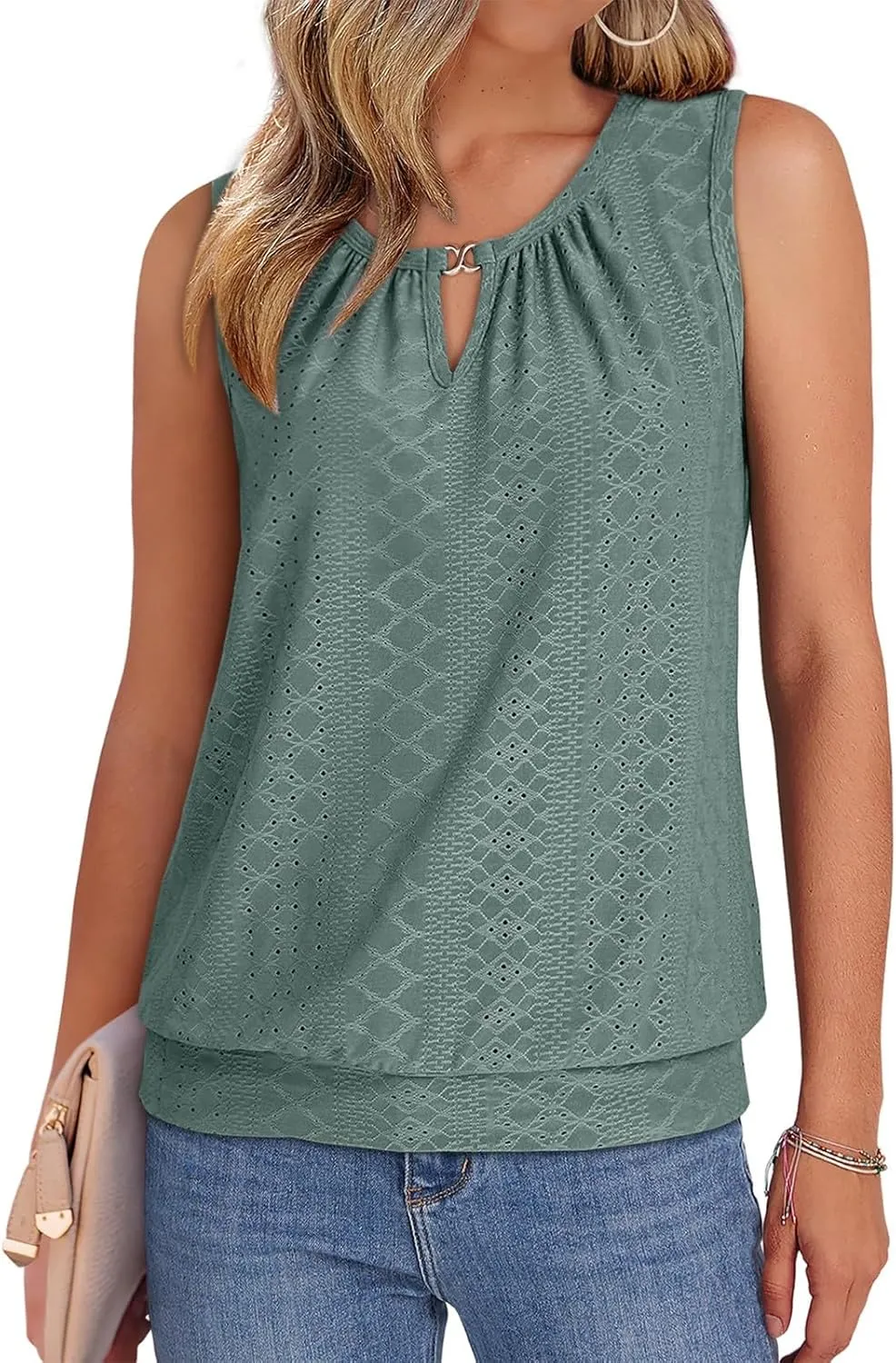 Womens Tank Tops Keyhole V Neck Tank Tops Summer Tops for Women 2025 Eyelet Embroidered Loose Fit