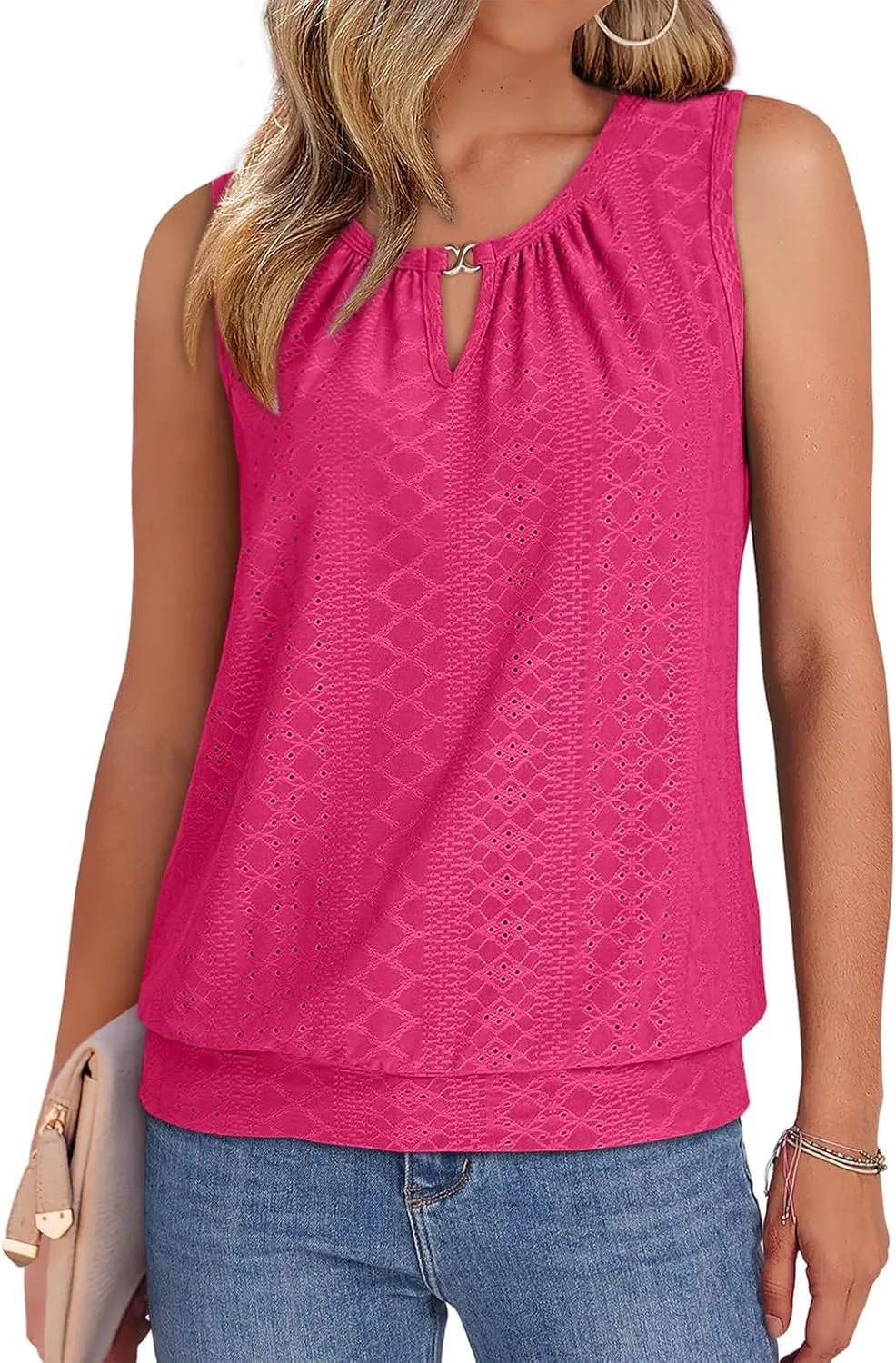 Womens Tank Tops Keyhole V Neck Tank Tops Summer Tops for Women 2025 Eyelet Embroidered Loose Fit