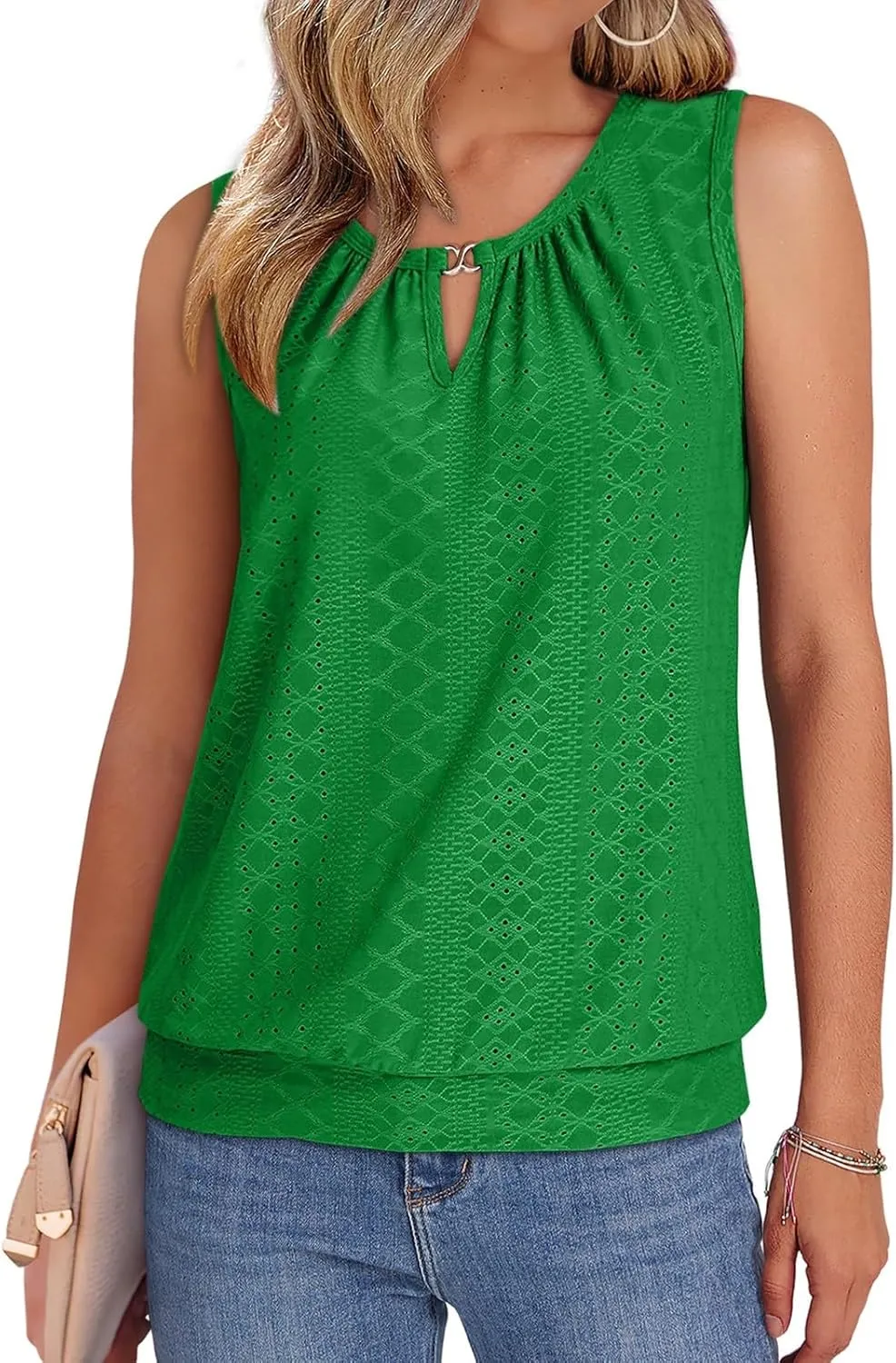 Womens Tank Tops Keyhole V Neck Tank Tops Summer Tops for Women 2025 Eyelet Embroidered Loose Fit