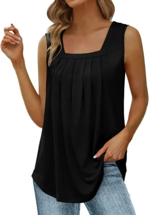 Womens Tank Tops Loose Fit Summer Tank Tops for Women Loose Fit Pleated Square Neck Sleeveless Tops Curved Hem
