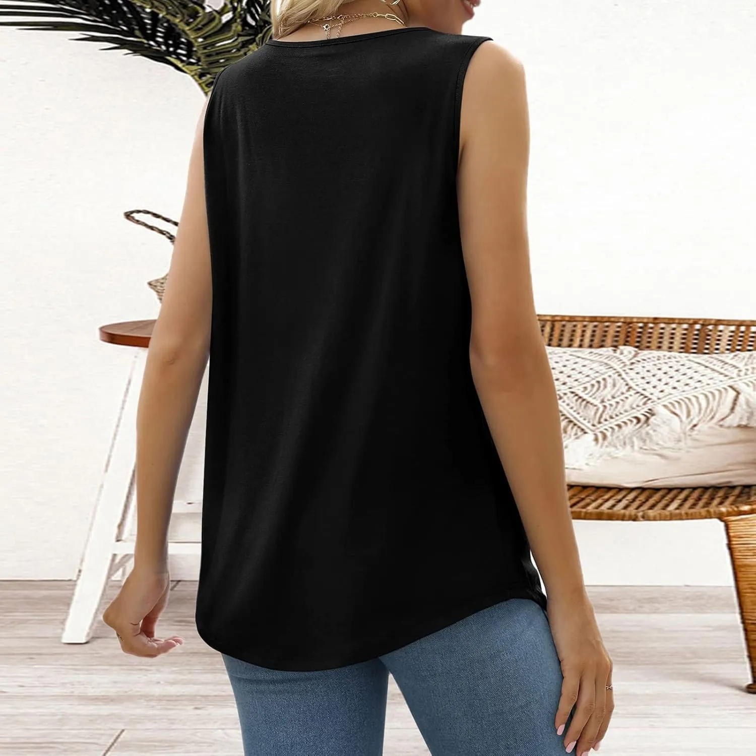 Womens Tank Tops Loose Fit Summer Tank Tops for Women Loose Fit Pleated Square Neck Sleeveless Tops Curved Hem