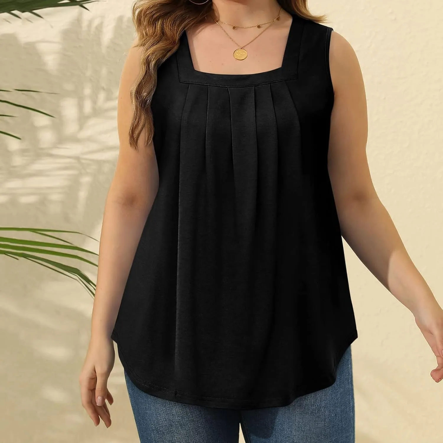 Womens Tank Tops Loose Fit Summer Tank Tops for Women Loose Fit Pleated Square Neck Sleeveless Tops Curved Hem