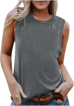 Womens Tank Tops Sleeveless Crew Neck Loose Fit Shirts Summer Clothes Solid Color Basic Tunic Blouse