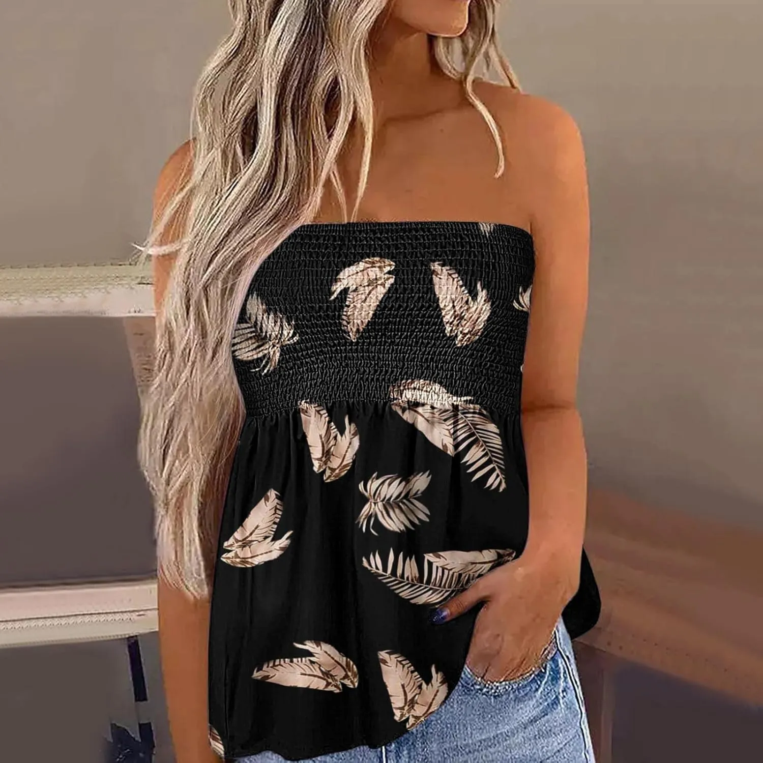 Womens Tube Tops Strapless Bandeau Tops Backless Sexy Tank Tops Smocked Ruffled Backless Tanks American Flag Shirt