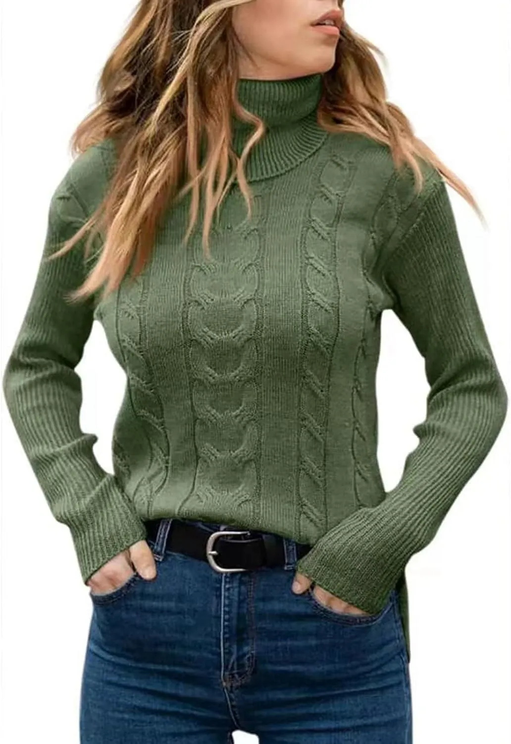 Womens Turtleneck Sweaters Long Sleeve Chunky Pullover Sweater Casual Slim Fit Fall Loose Knit Jumper Tops 2024
