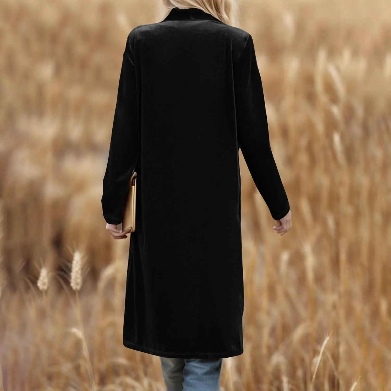Women's Velvet Long Cardigan Blazer, Lightweight Casual Long Sleeve Jackets Oversized Loose Silky Velvet Outerwear