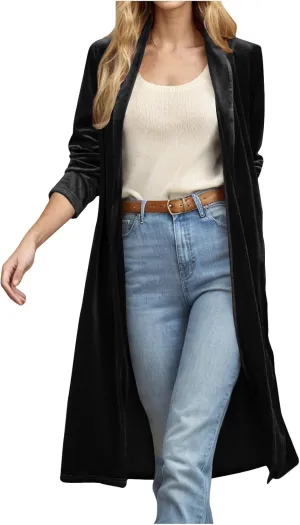 Women's Velvet Long Cardigan Blazer, Lightweight Casual Long Sleeve Jackets Oversized Loose Silky Velvet Outerwear