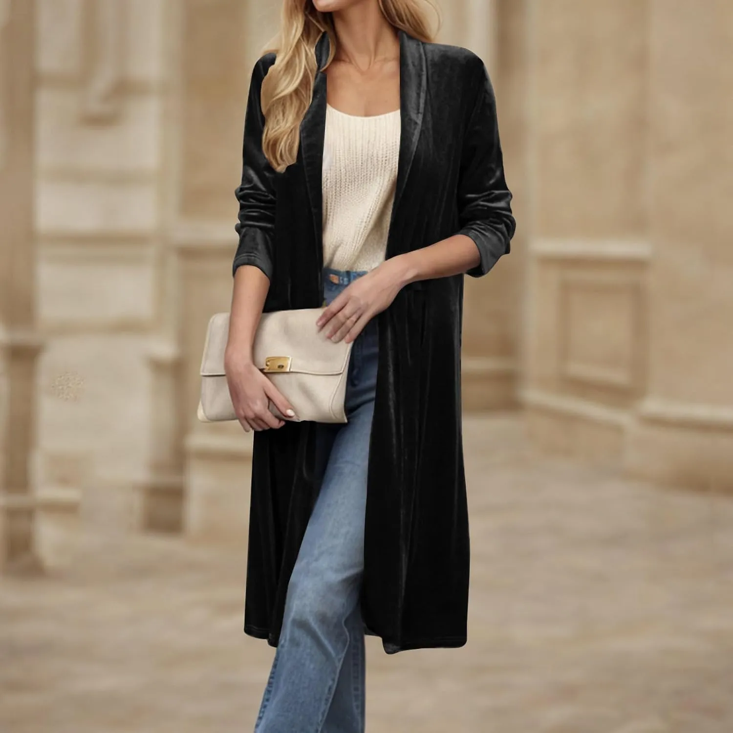 Women's Velvet Long Cardigan Blazer, Lightweight Casual Long Sleeve Jackets Oversized Loose Silky Velvet Outerwear