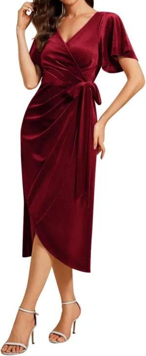 Women's Velvet Wrap Dress Formal V Neck Short Sleeves Elegant Midi Wedding Guest Cocktail Dresses