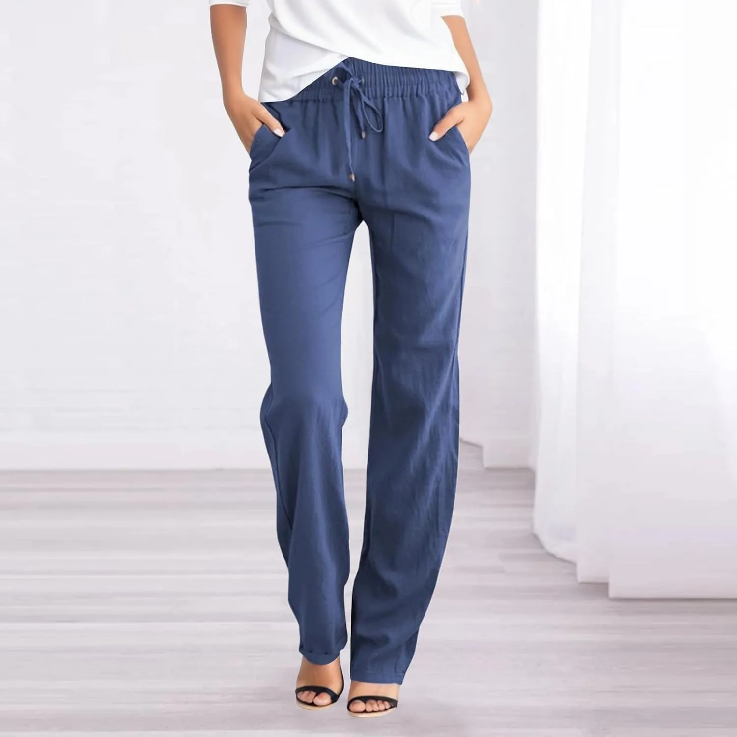 Womens Wide Leg Linen Pants Boho Beach Casual Elastic High Waist Palazzo Pant Work Pleated Trouser with Pocket