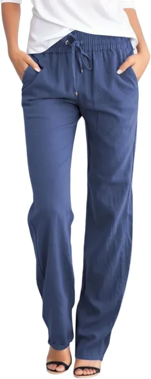 Womens Wide Leg Linen Pants Boho Beach Casual Elastic High Waist Palazzo Pant Work Pleated Trouser with Pocket
