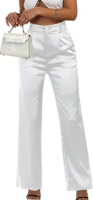 Women's Wide Leg Satin Silky Casual Dress Cocktail Party High Waist Pants