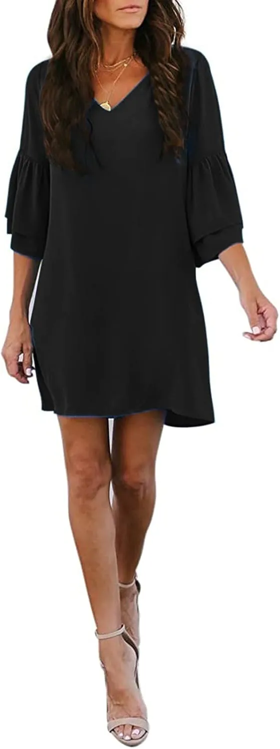 WUAI Summer Dresses for Women Short Sleeve Loose Pleated Loose Swing Casual Flare Shift Dress