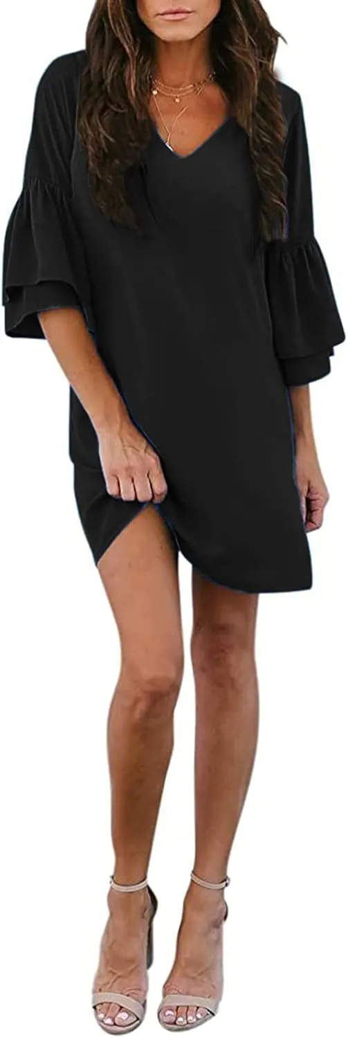 WUAI Summer Dresses for Women Short Sleeve Loose Pleated Loose Swing Casual Flare Shift Dress
