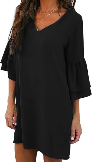 WUAI Summer Dresses for Women Short Sleeve Loose Pleated Loose Swing Casual Flare Shift Dress
