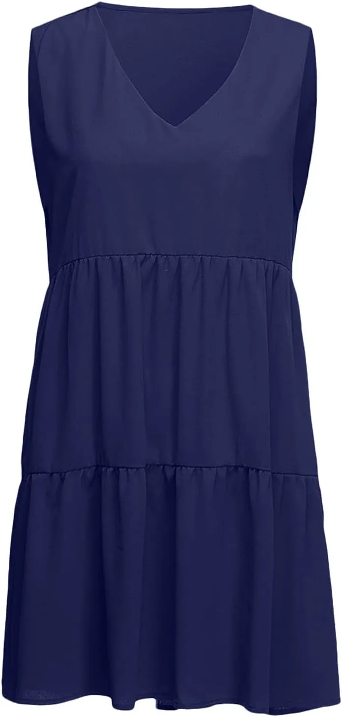 WUAI Women's Summer Tunic Dress V Neck Casual Loose Flowy Swing Shift Mini Dresses