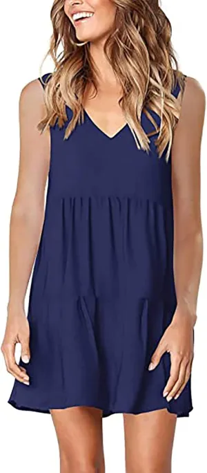 WUAI Women's Summer Tunic Dress V Neck Casual Loose Flowy Swing Shift Mini Dresses