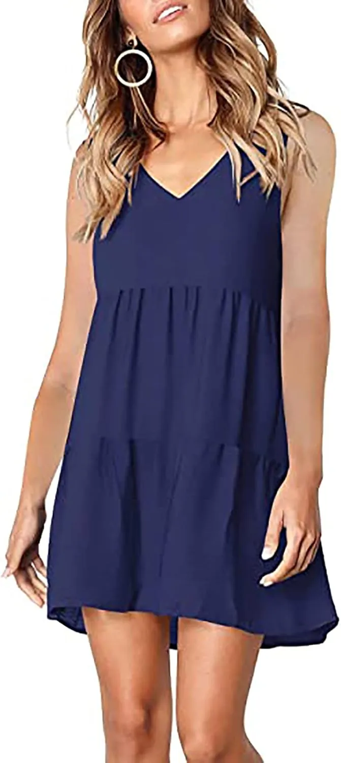WUAI Women's Summer Tunic Dress V Neck Casual Loose Flowy Swing Shift Mini Dresses